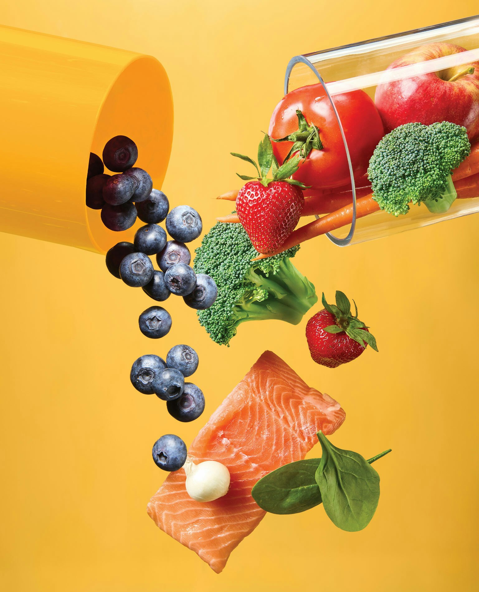 Large pill capsule split pouring out healthy foods